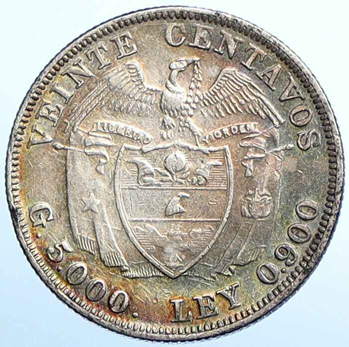 1920 COLUMBIA Simon Bolivar Eagle Shield Genuine Silver 20 Centavos Coin i108401