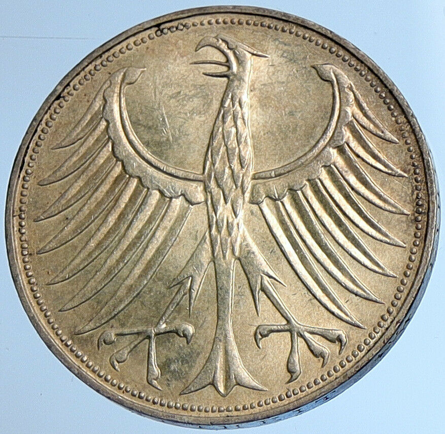 1966 D GERMANY Large 5 Mark Silver Vintage Genuine Eagle OLD German Coin i108423