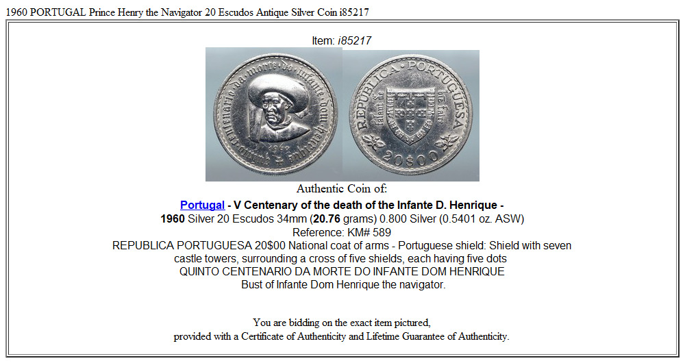 1960 PORTUGAL Prince Henry the Navigator 20 Escudos Antique Silver Coin i85217