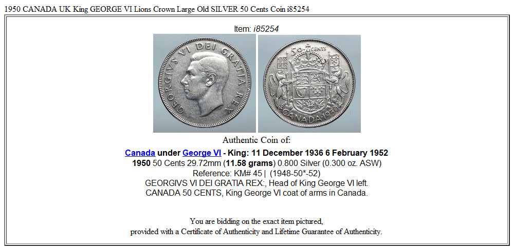 1950 CANADA UK King GEORGE VI Lions Crown Large Old SILVER 50 Cents Coin i85254