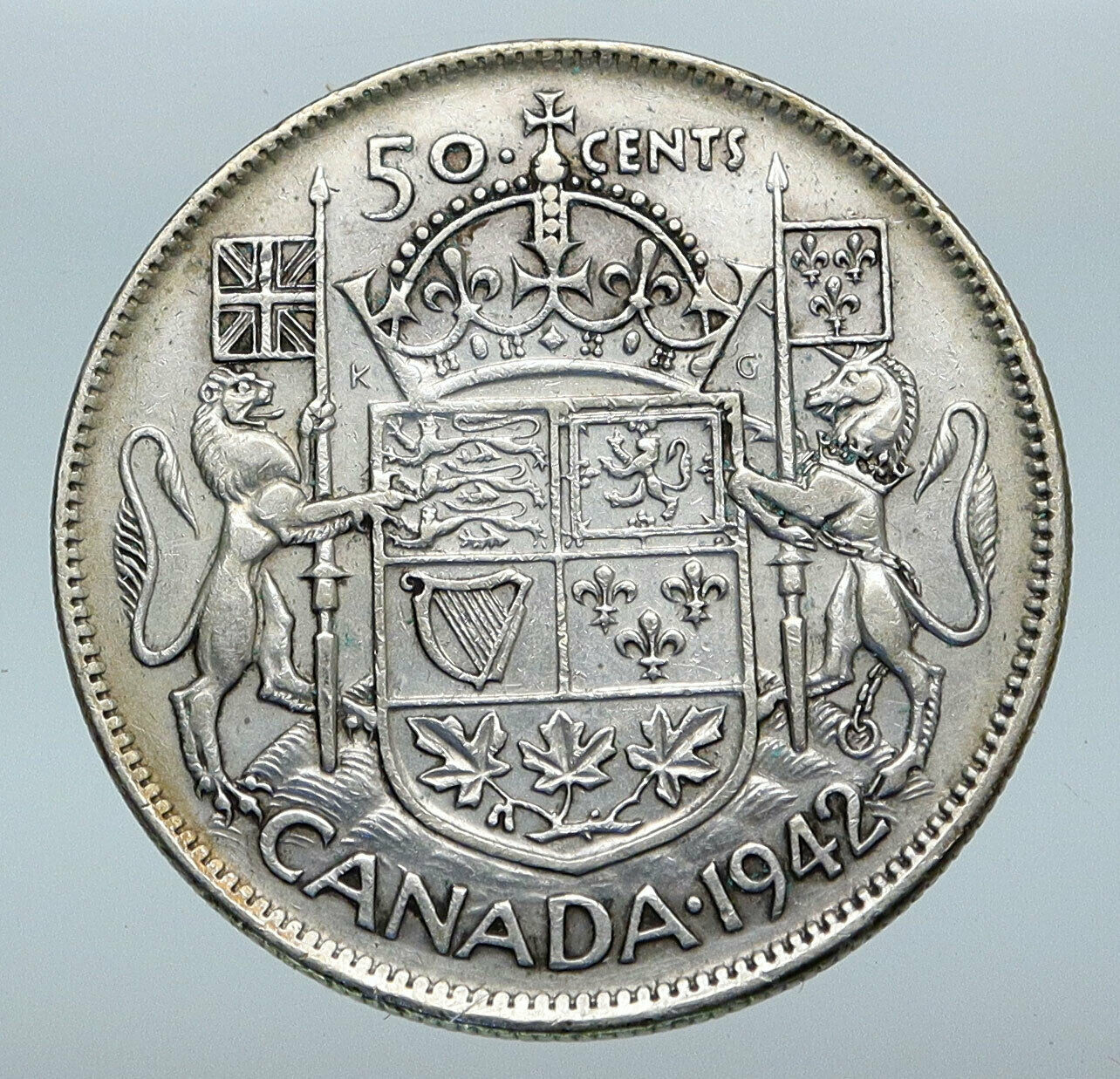 1942 CANADA WWII Time SILVER 50 Cents Coin UK King GEORGE VI Coat-of-Arms i85256