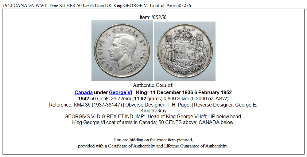 1942 CANADA WWII Time SILVER 50 Cents Coin UK King GEORGE VI Coat-of-Arms i85256