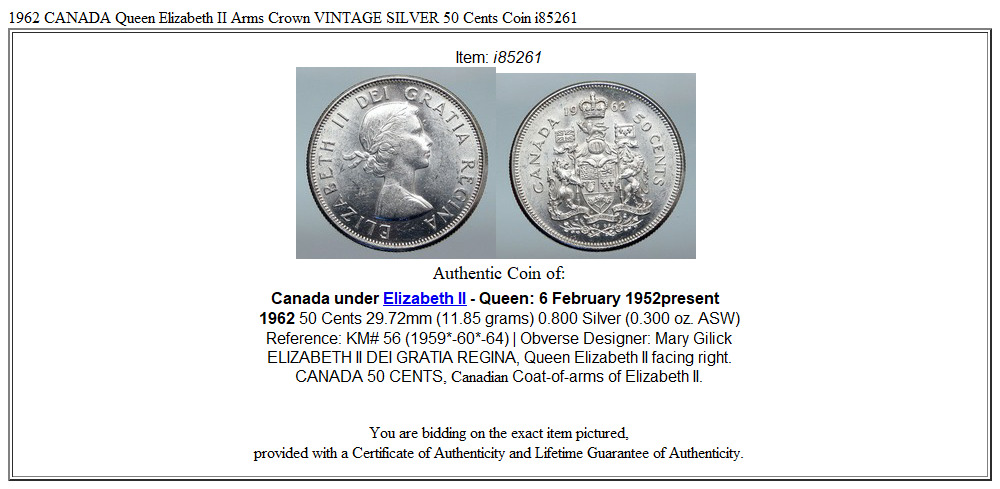 1962 CANADA Queen Elizabeth II Arms Crown VINTAGE SILVER 50 Cents Coin i85261