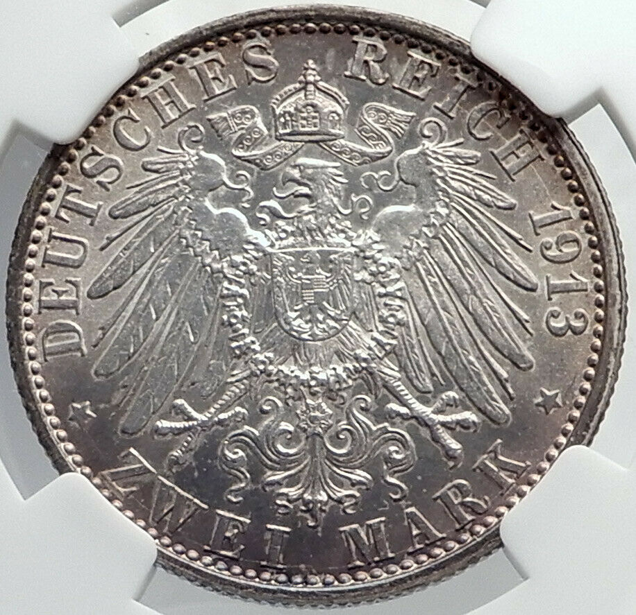 1913 PRUSSIA KINGDOM Germany WILHELM II Silver 2 Mark German Coin NGC i81949