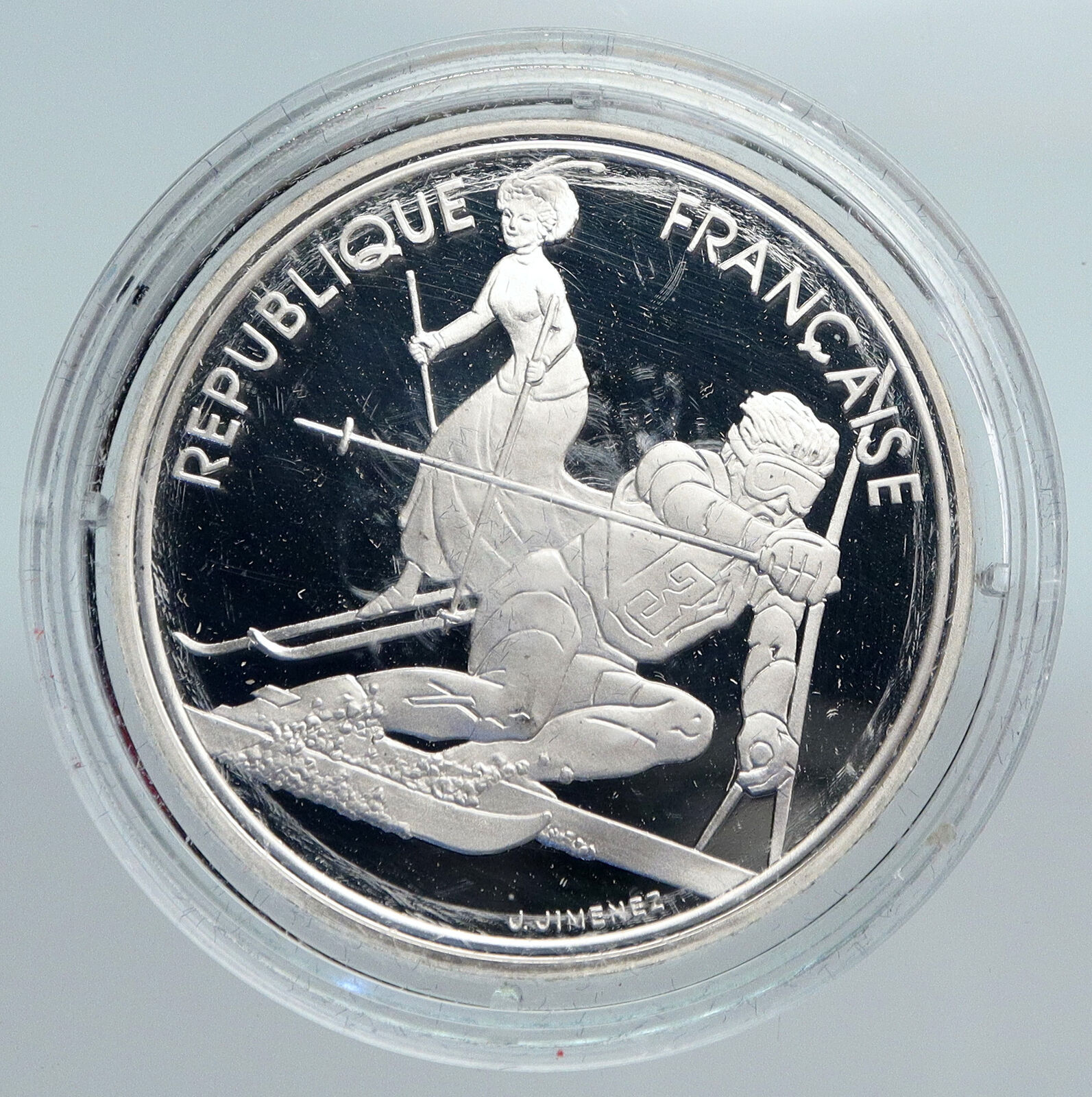 1990 FRANCE Slalom Skiing 1992 Olympics OLD Proof Silver 100 Francs Coin i89931