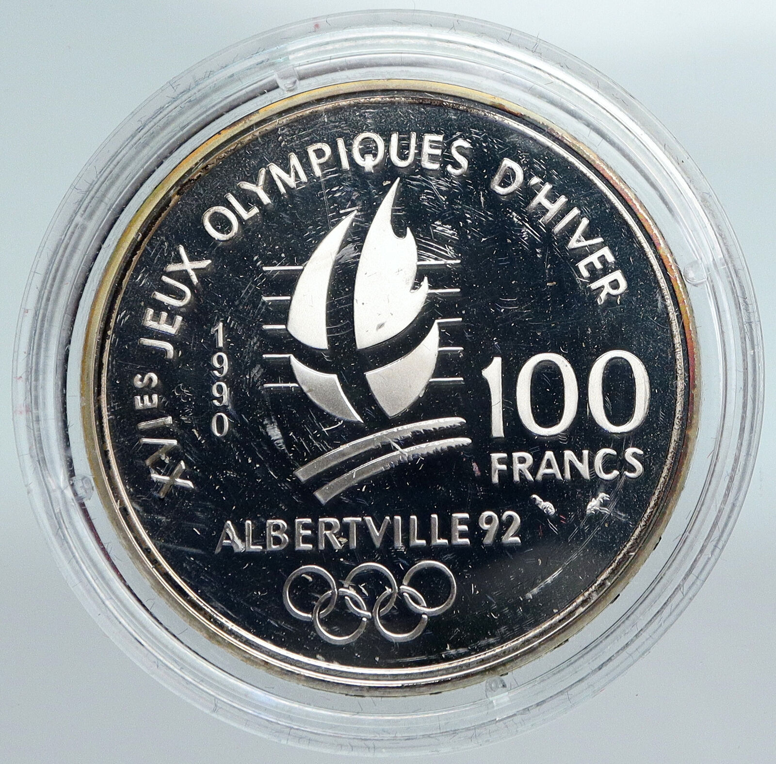 1990 FRANCE Slalom Skiing 1992 Olympics OLD Proof Silver 100 Francs Coin i89931