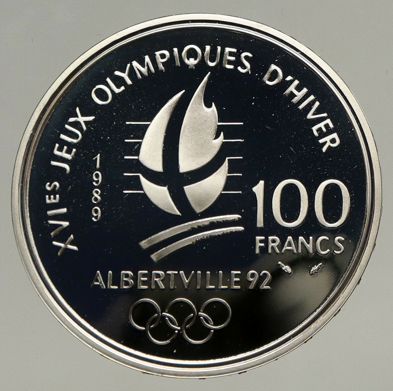 1989 FRANCE Alpine Skiing 1992 Olympics OLD Proof Silver 100 Francs Coin i93441