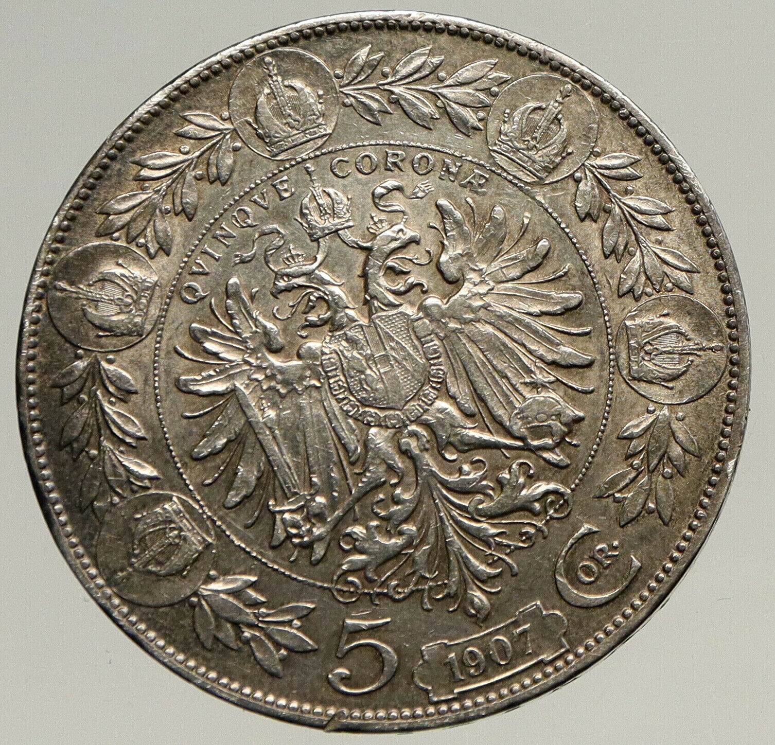 1907 AUSTRIA FRANZ JOSEPH I w Eagles Antique Silver Vintage 5 Corona Coin i93449