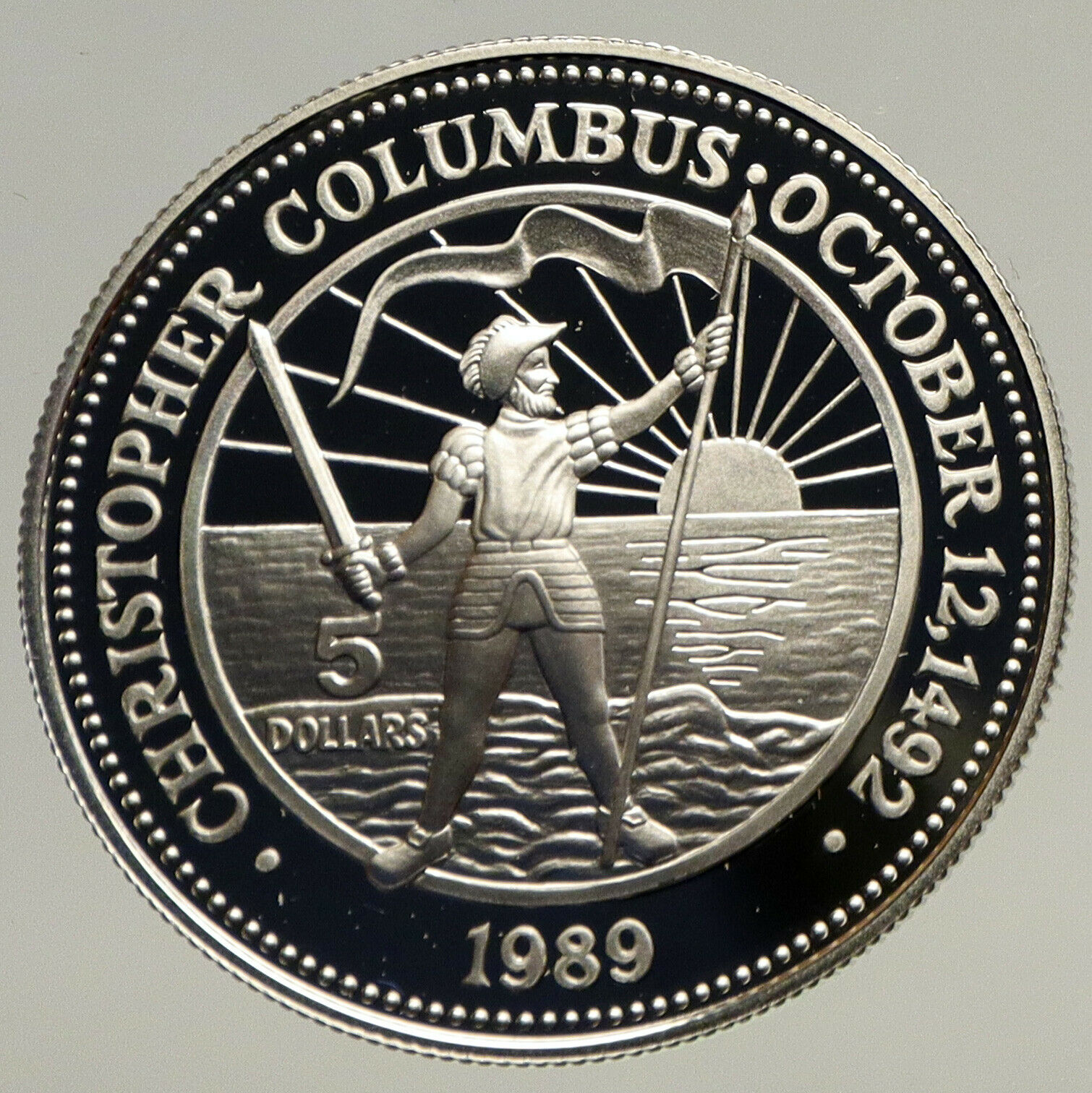 1989 BAHAMAS Elizabeth II CHRISTOPHER COLUMBUS Old Proof Silver $5 Coin i93446