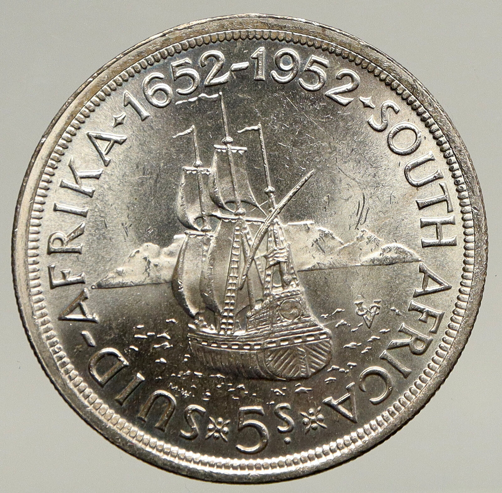 1952 SOUTH AFRICA 300th Cape Town Riebeeck w SHIP Silver 5 Shillings Coin i93454