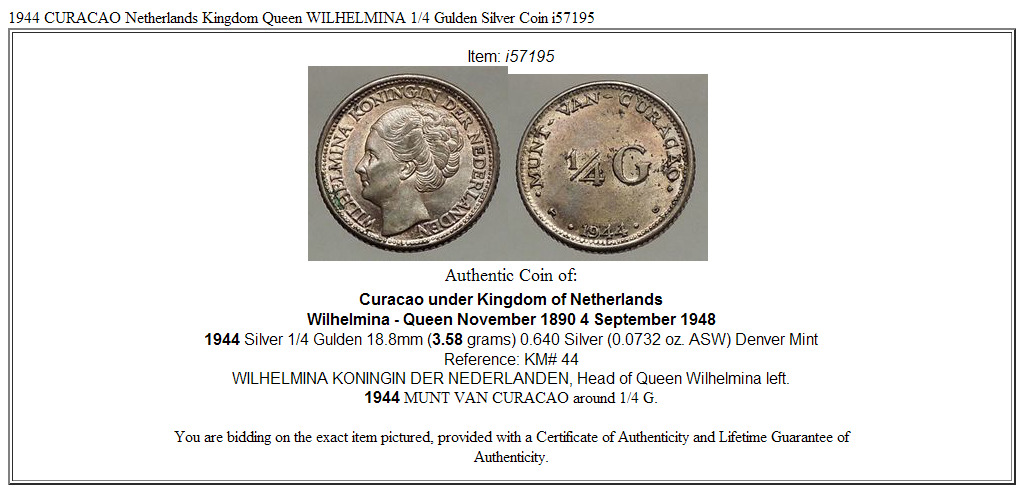 1944 CURACAO Netherlands Kingdom Queen WILHELMINA 1/4 Gulden Silver Coin i57195