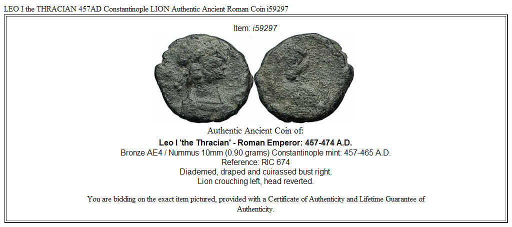 LEO I the THRACIAN 457AD Constantinople LION Authentic Ancient Roman Coin i59297