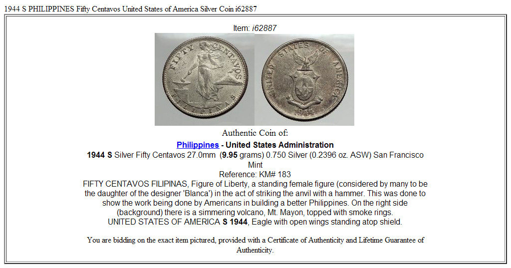 1944 S PHILIPPINES Fifty Centavos United States of America Silver Coin i62887