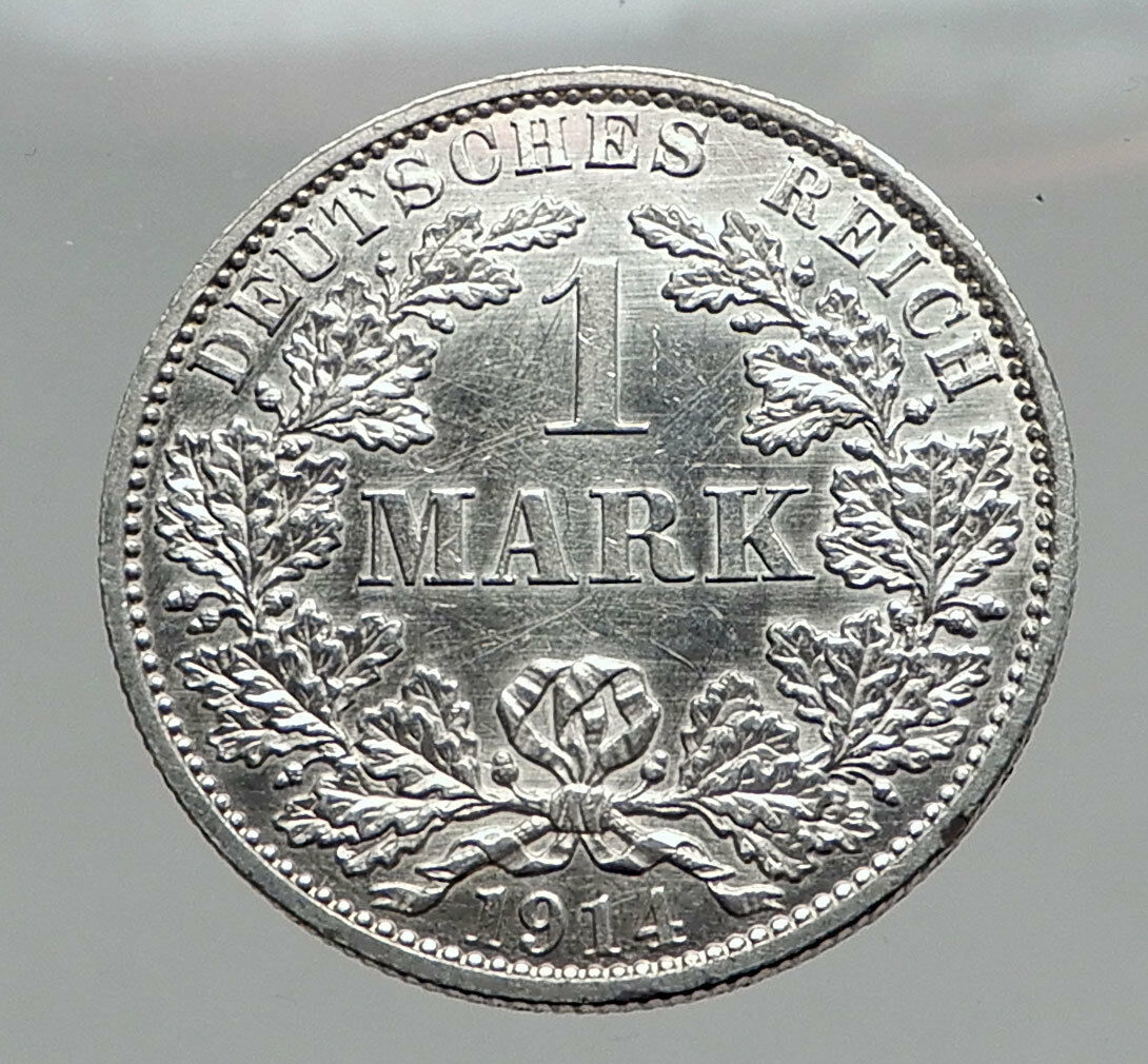 1914 WILHELM II of GERMANY 1 Mark Antique German Empire Silver Coin Eagle i64423