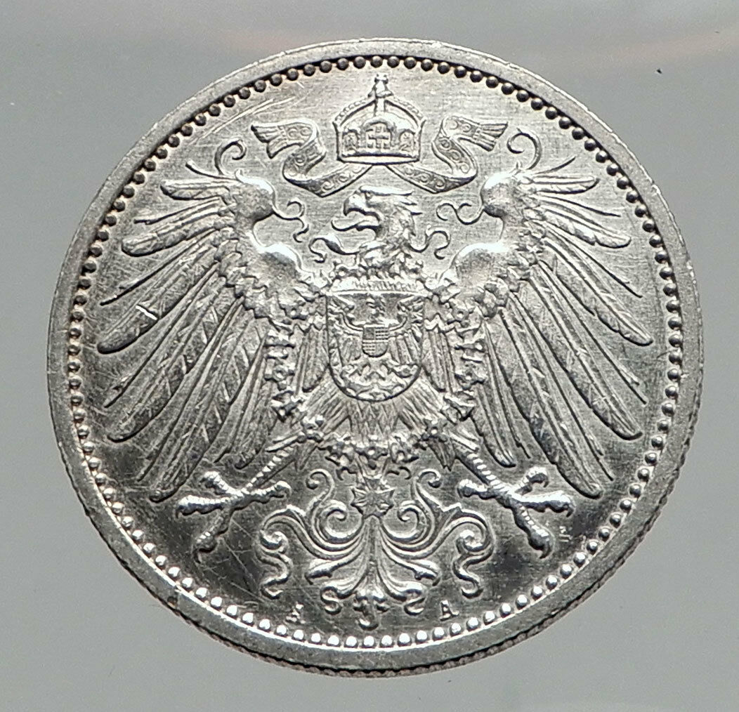 1914 WILHELM II of GERMANY 1 Mark Antique German Empire Silver Coin Eagle i64423