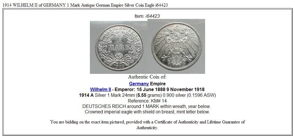 1914 WILHELM II of GERMANY 1 Mark Antique German Empire Silver Coin Eagle i64423