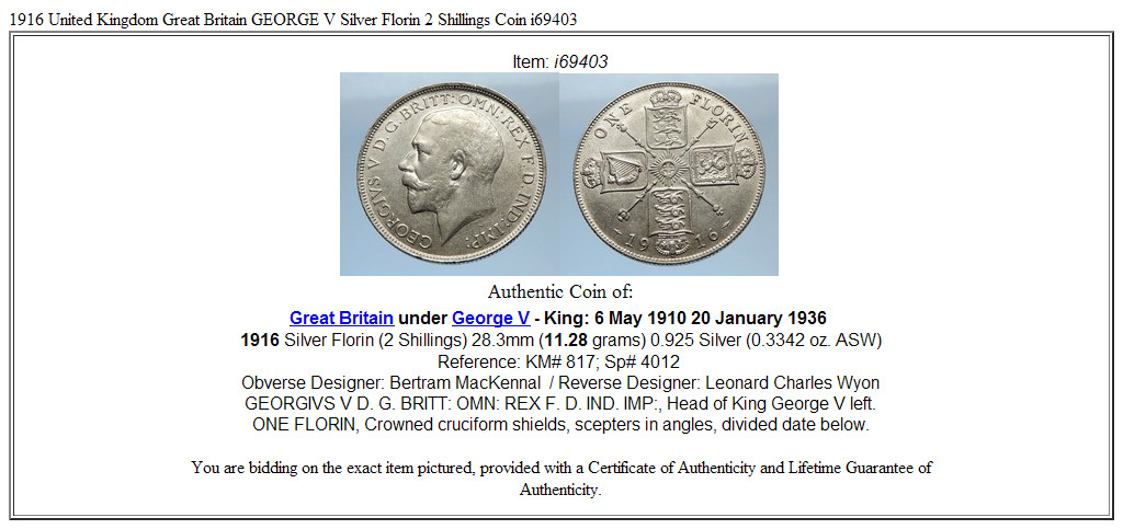 1916 United Kingdom Great Britain GEORGE V Silver Florin 2 Shillings Coin i69403