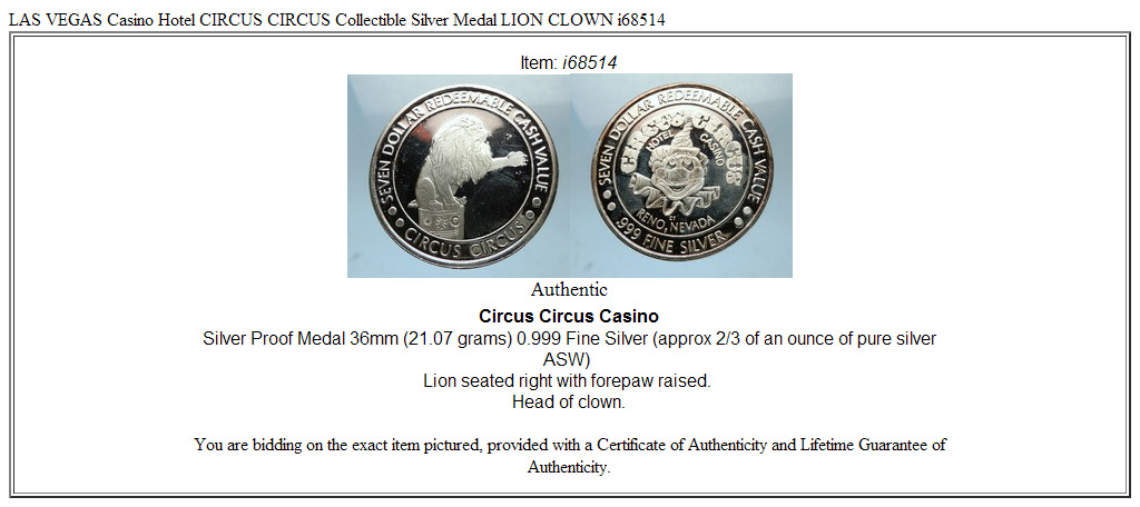 LAS VEGAS Casino Hotel CIRCUS CIRCUS Collectible Silver Medal LION CLOWN i68514