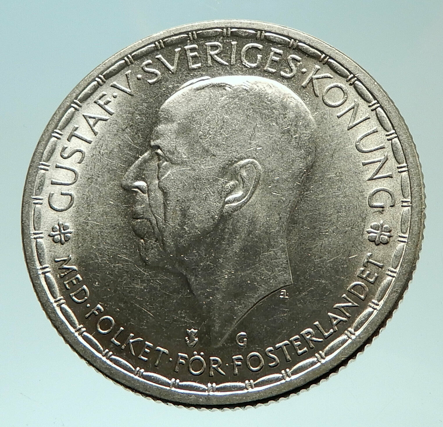 1944 Sweden GUSTAF V Crowned ARMS Vintage Genuine Silver 2 Kronor Coin i75954