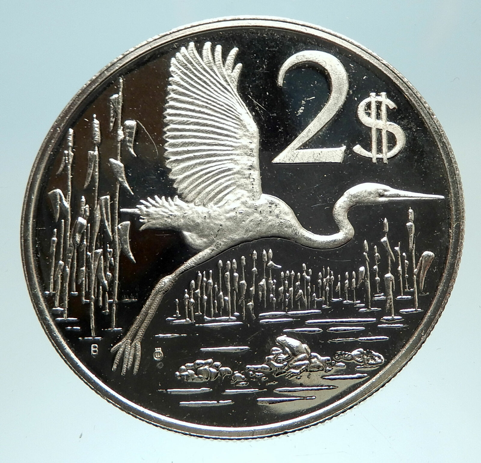 1974 CAYMAN ISLANDS 4.0cm Proof Silver $2 Coin GREAT BLUE HERON BIRD i76711