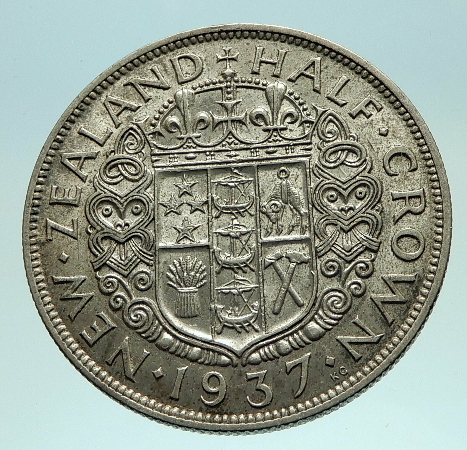 1937 NEW ZEALAND under UK King George VI Silver 1/2 Crown Coin Shield i76104