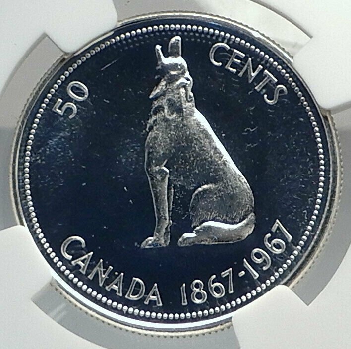 1967 CANADA UK Queen ELIZABETH II Wolf Howls Old Silver 50 Cents Coin NGC i77271