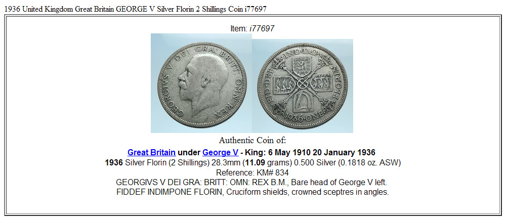 1936 United Kingdom Great Britain GEORGE V Silver Florin 2 Shillings Coin i77697