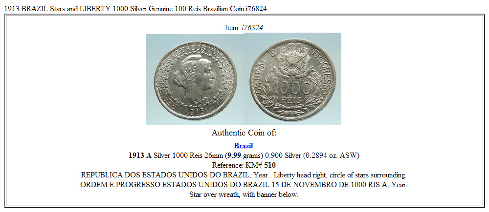 1913 BRAZIL Stars and LIBERTY Silver Genuine 1000 Reis Brazilian Coin i76824