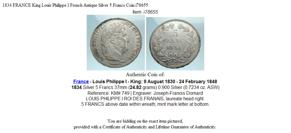 1834 FRANCE King Louis Philippe I French Antique Silver 5 Francs Coin i78655