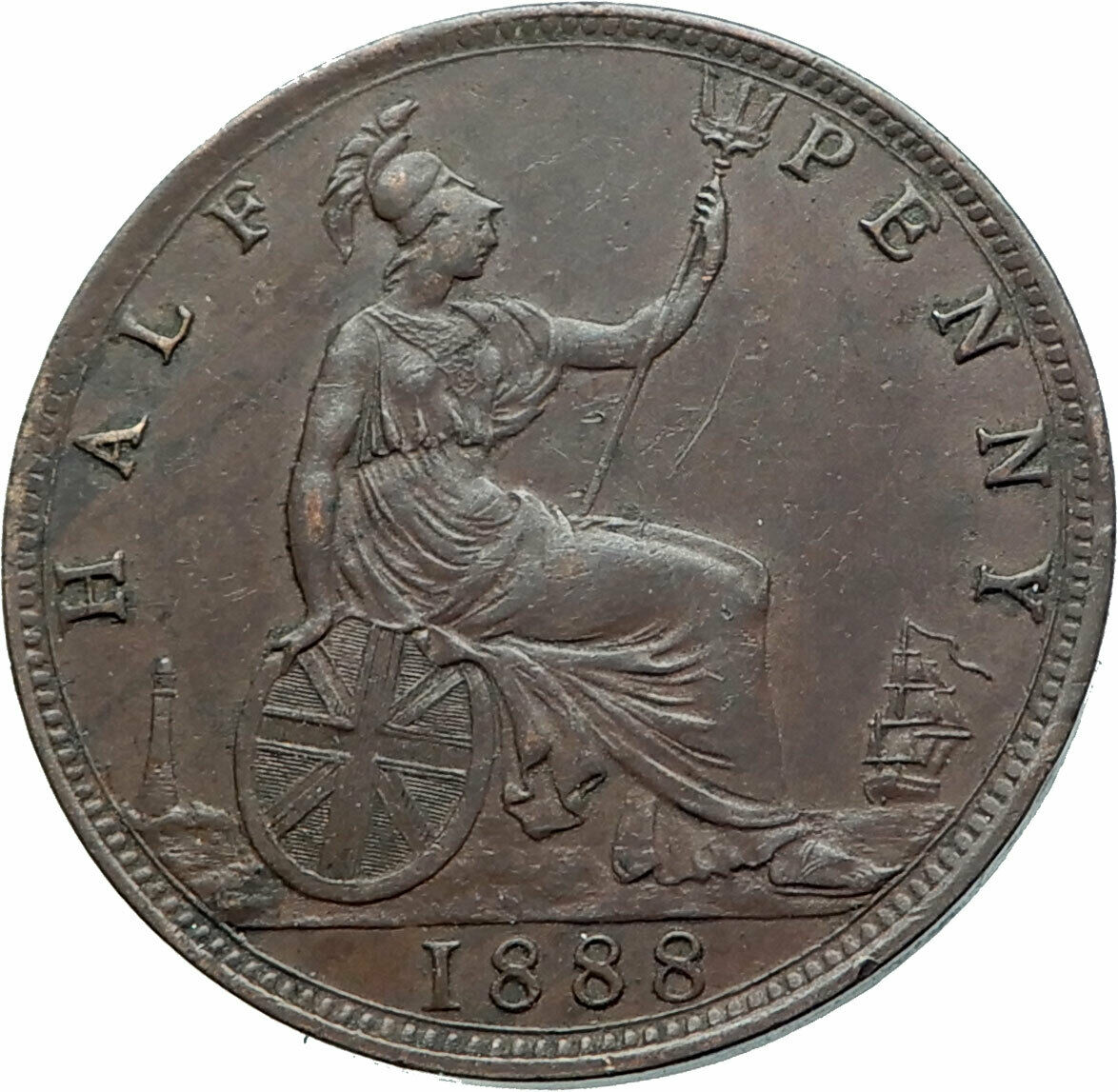 1888 UK Great Britain United Kingdom QUEEN VICTORIA Genuine 1/2Penny Coin i78701