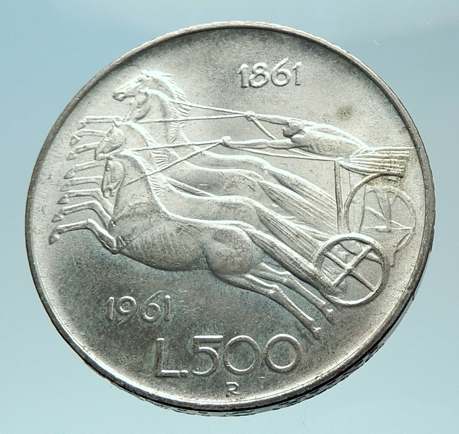 1961 ITALY Silver 500 Lire Coin ITALIAN UNIFICATION Rome Capital CHARIOT i78815