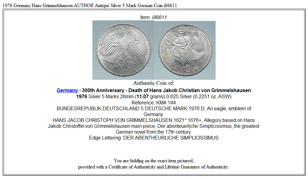 1976 Germany Hans Grimmelshausen AUTHOR Antique Silver 5 Mark German Coin i86611