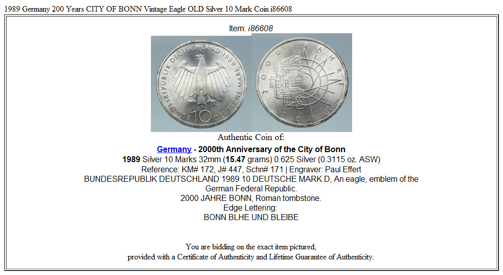 1989 Germany 200 Years CITY OF BONN Vintage Eagle OLD Silver 10 Mark Coin i86608