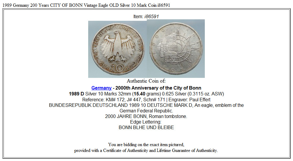 1989 Germany 200 Years CITY OF BONN Vintage Eagle OLD Silver 10 Mark Coin i86591