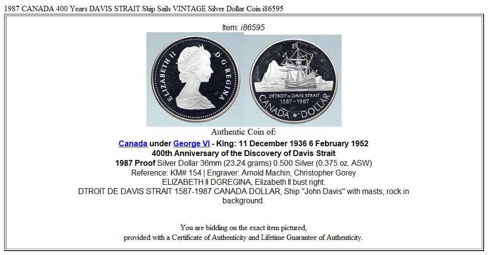 1987 CANADA 400 Years DAVIS STRAIT Ship Sails VINTAGE Silver Dollar Coin i86595