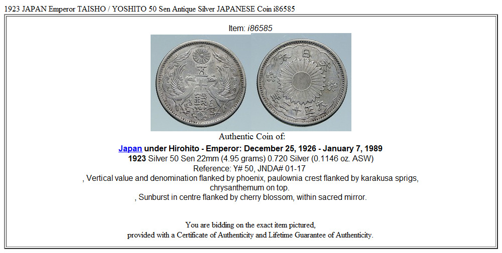 1923 JAPAN Emperor TAISHO / YOSHITO 50 Sen Antique Silver JAPANESE Coin i86585