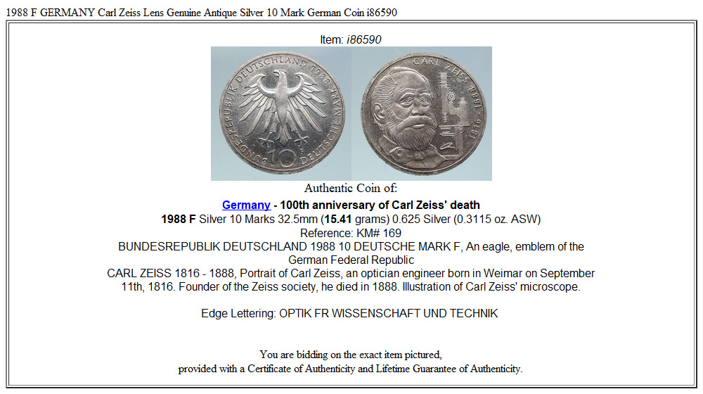 1988 F GERMANY Carl Zeiss Lens Genuine Antique Silver 10 Mark German Coin i86590