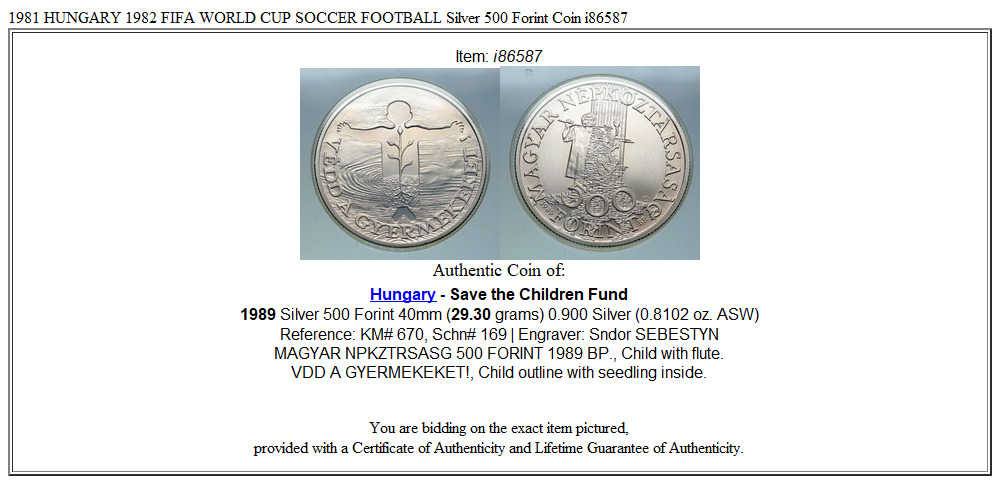 1981 HUNGARY 1982 FIFA WORLD CUP SOCCER FOOTBALL Silver 500 Forint Coin i86587