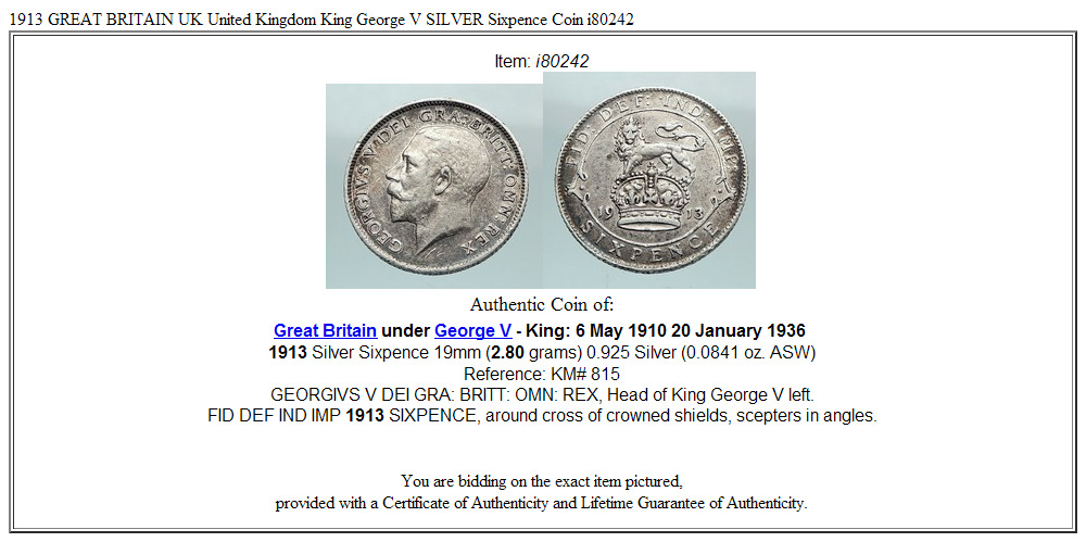 1913 GREAT BRITAIN UK United Kingdom King George V SILVER Sixpence Coin i80242