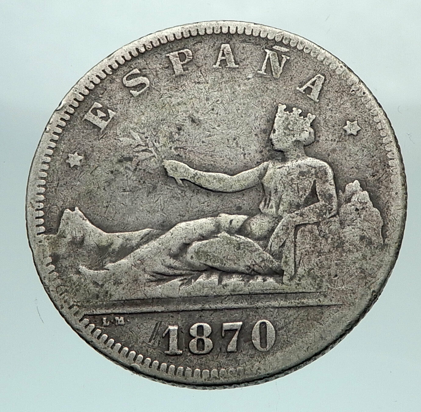 1870 SPAIN Provisional Government Liberty Genuine Silver 2 Pesetas Coin i80245