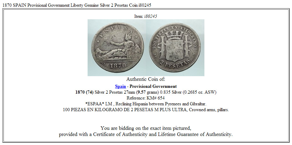 1870 SPAIN Provisional Government Liberty Genuine Silver 2 Pesetas Coin i80245