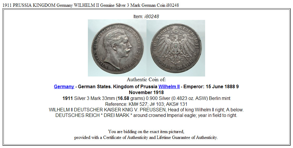 1911 PRUSSIA KINGDOM Germany WILHELM II Genuine Silver 3 Mark German Coin i80248