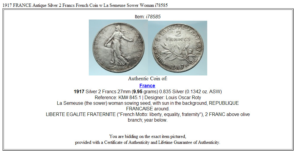 1917 FRANCE Antique Silver 2 Francs French Coin w La Semeuse Sower Woman i78585