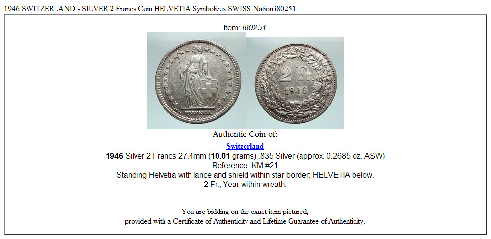 1946 SWITZERLAND - SILVER 2 Francs Coin HELVETIA Symbolizes SWISS Nation i80251