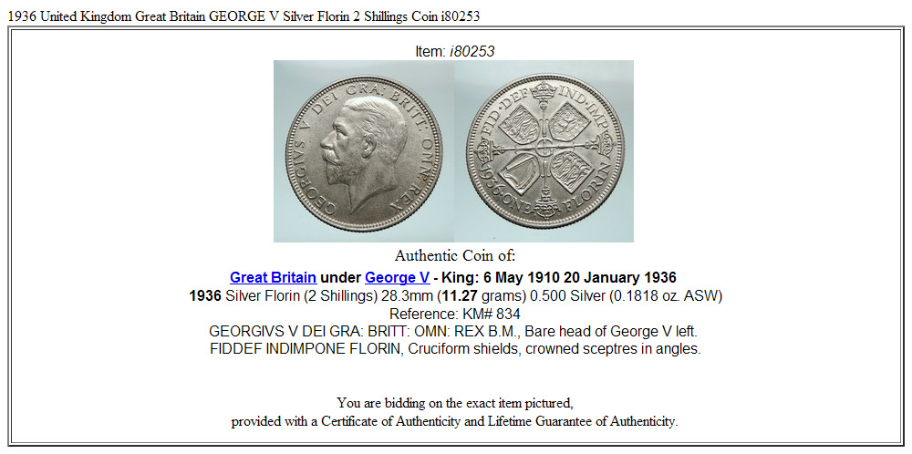 1936 United Kingdom Great Britain GEORGE V Silver Florin 2 Shillings Coin i80253