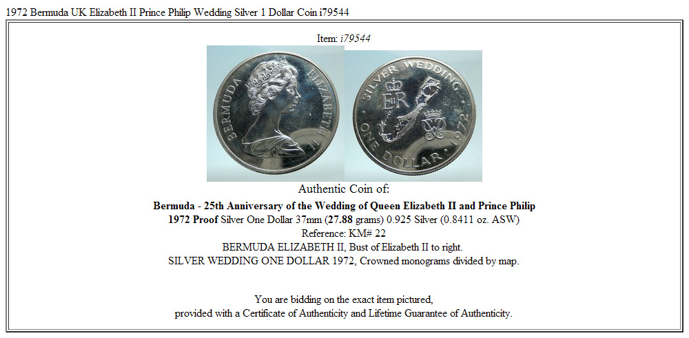 1972 Bermuda UK Elizabeth II Prince Philip Wedding Silver 1 Dollar Coin i79544