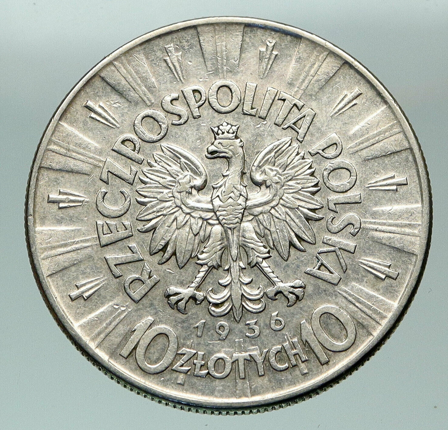 1936 POLAND Leader Jozef Pilsudski Eagle Vintage Silver 10 Zlotych Coin i84854