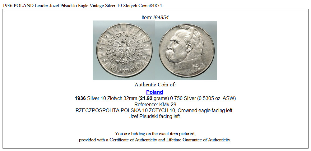 1936 POLAND Leader Jozef Pilsudski Eagle Vintage Silver 10 Zlotych Coin i84854