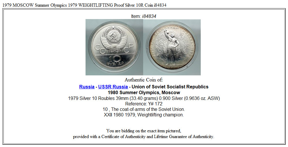 1979 MOSCOW Summer Olympics 1979 WEIGHTLIFTING Proof Silver 10R Coin i84834