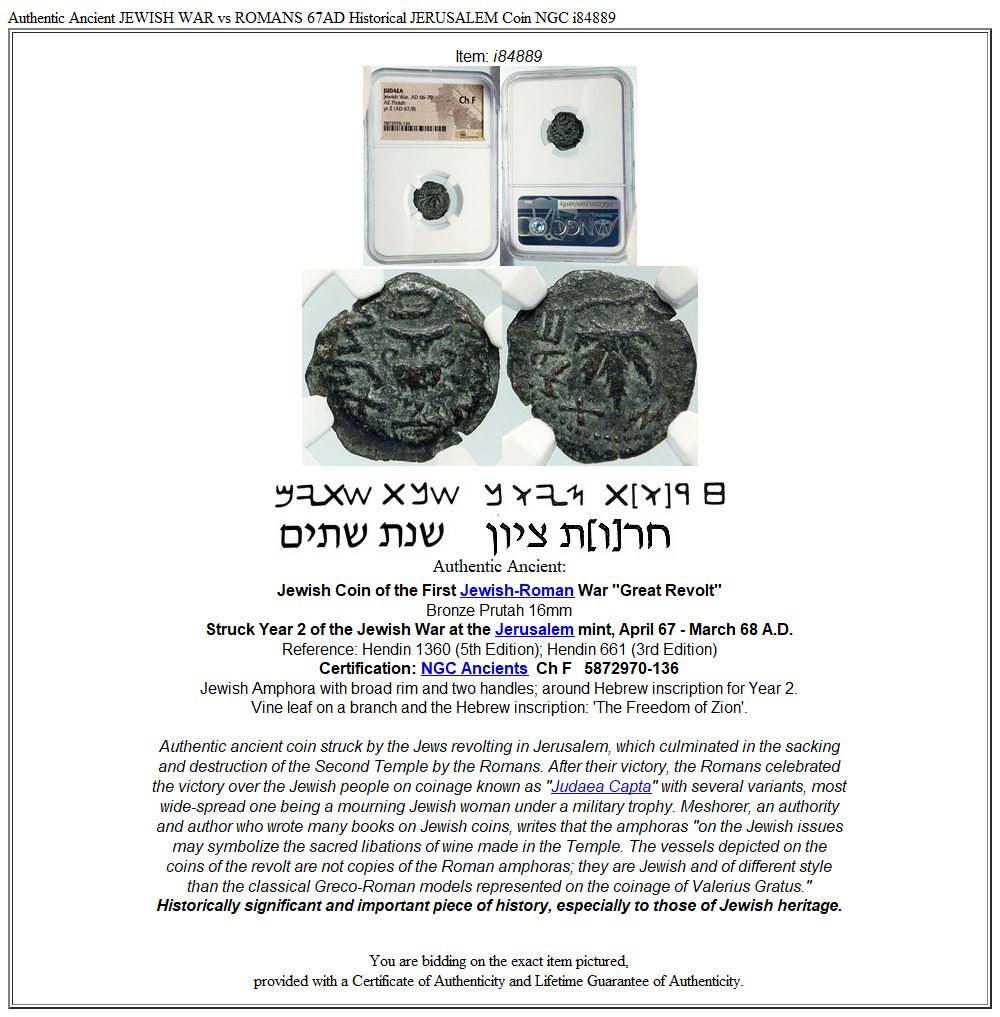 Authentic Ancient JEWISH WAR vs ROMANS 67AD Historical JERUSALEM Coin NGC i84889